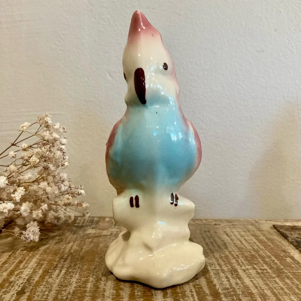 Pair Vintage Parakeet Ceramic Figurines 6” Tall Pinks and Blue